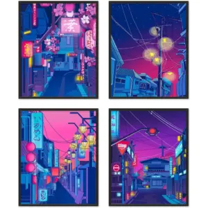 ALAYRA Anime Posters Japanese Wall Art Set of 4 - Anime Art Tokyo Streets in the Night Sky Wall Decor Poster for Living Room Bedroom Kitchen UNFRAMED 8x10 inch 01