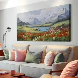 ALAYRA Arjun Mountain Landscape Wall Art Canvas Red Flower Landscape Painting Textured Floral Nature Scenery Picture Large Framed Artwork for Living Room Bedroom Bathroom Office Home Wall Decor, 40"x2
