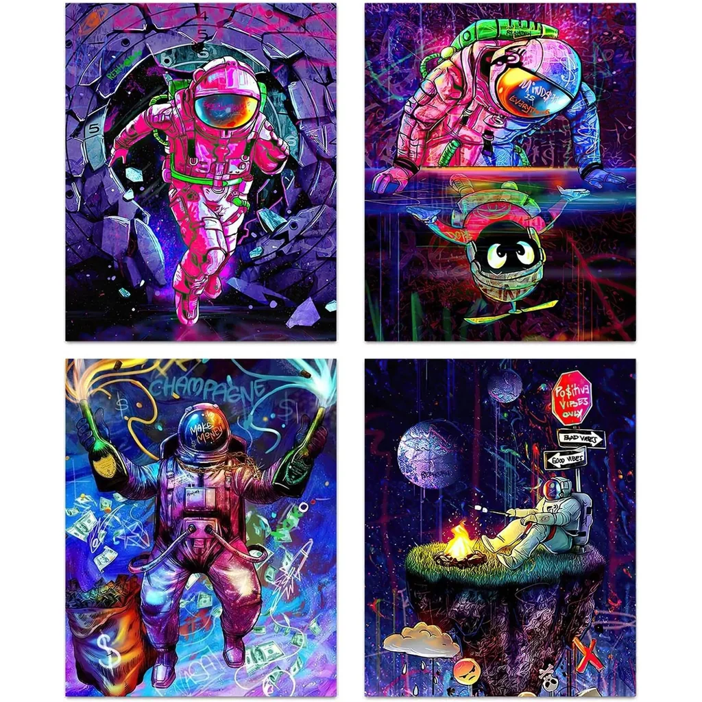 ALAYRA Astronaut Space Dreaming Wall Art Prints, Brave Funny Astronaut Canvas Painting Posters, Explore Dream Discover Inspirational Boy Wall Art for Kids Room Nursery Home Decor, Set of 4 (8"x10" Unf