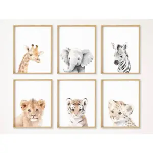 ALAYRA Baby Nursery Wall Art Safari Animal Canvas Prints Jungle Boho Wall Art Decor Baby Boy Posters Pictures Nursery Safari Animal Painting for Bedroom 12x16 Inch Unframed Set of 6 01