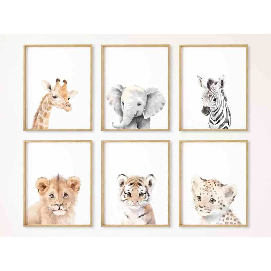 ALAYRA Baby Nursery Wall Art Safari Animal Canvas Prints Jungle Boho Wall Art Decor Baby Boy Posters Pictures Nursery Safari Animal Painting for Bedroom 12x16 Inch Unframed Set of 6 01