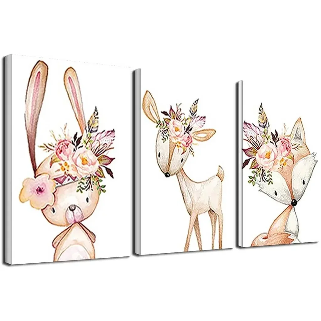 ALAYRA Baby Room Wall Art Canvas Pictures Nursery Prints Flower Rabbit Canvas Painting Woodland Animals Poster Nordic Fox Deer Picture 3Psc/set (16x24inchx3(40x60cmx3), No Frame) 01