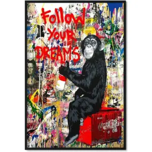 ALAYRA Banksy Canvas Wall Art Monkey - Follow Your Dreams - Street Graffiti Art Print Gorilla Poster for Home Decor 16x24 Inch Unframed 01