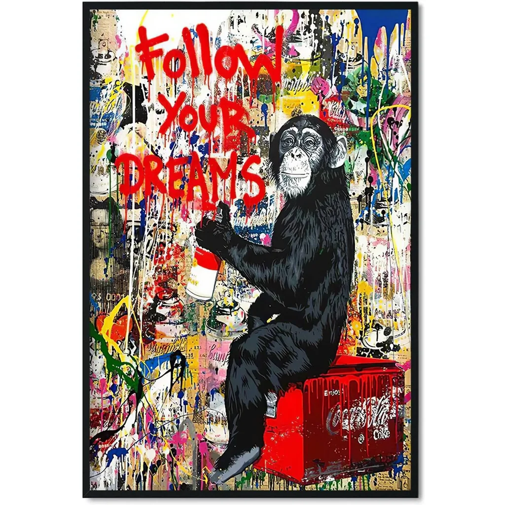 ALAYRA Banksy Canvas Wall Art Monkey - Follow Your Dreams - Street Graffiti Art Print Gorilla Poster for Home Decor 16x24 Inch Unframed 01