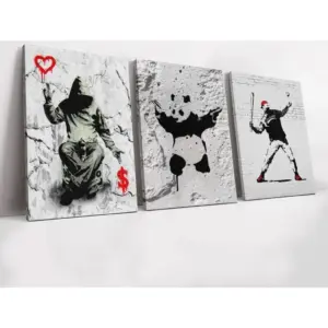 ALAYRA Banksy Wall Art Poster-Banksy Panda with Handguns- Cool Wall Decor-Street Graffiti Art Black and White Canvas for Bedroom Office Wall Decor-24x36 Inchx3pcs 01