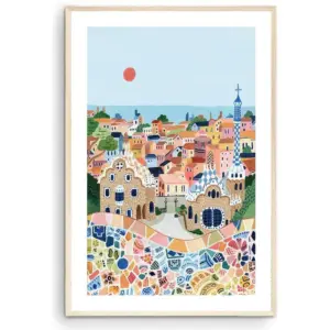 ALAYRA Barcelona Park Guell Poster, Europe Art Print, Spain Travel Art, Housewarming Gift (Unframed) (12x18) 01