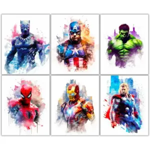 ALAYRA Barlas Design - Marvel 6 Superhero - Captain America, Iron Man, Thor, Hulk, Spiderman, Black panther - Superhero Wall Art - For Kids Adults Boys Bedroom - Great Gift Set of 6-8 x 10 inch - Unfr