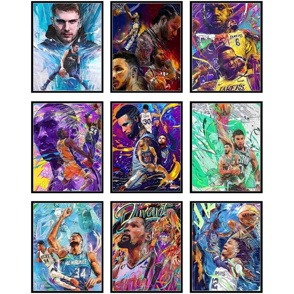 ALAYRA Basketball Posters - Basketball Posters for Boys Bedroom, Nba Art for Boys Room, Sports Wall Decor, Kobe Bryant, Lebron James, Steph Curry, Kawhi Leonard - Unframed Set of 9 (8x10) 01