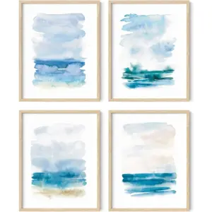 ALAYRA Beach Poster Abstract Painting Set of 4 - Nature Posters, Beach Art, Ocean Poster, Posters of Beach Scenes, Blue Posters for Room Aesthetic, Blue Art (Unframed, 11x14) 01