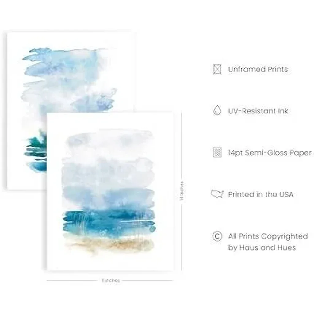 ALAYRA Beach Poster Abstract Painting Set of 4 - Nature Posters, Beach Art, Ocean Poster, Posters of Beach Scenes, Blue Posters for Room Aesthetic, Blue Art (Unframed, 11x14) 01 - Image 2