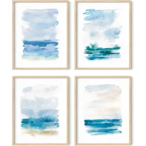 ALAYRA Beach Poster Abstract Painting Set of 4 - Nature Posters, Beach Art, Ocean Poster, Posters of Beach Scenes, Blue Posters for Room Aesthetic, Blue Art (Unframed, 8x10) 01
