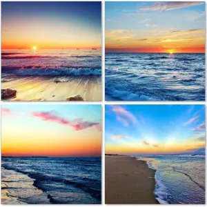 ALAYRA Beach Sunset Wall Art Beach Canvas Sea Sunset Sunset Beach Wall Art Ocean Canvas Prints Wave Canvas Stretched and Framed Pictures Paintings Artwork for Living Room Home Decor, 4 pcs/set 01