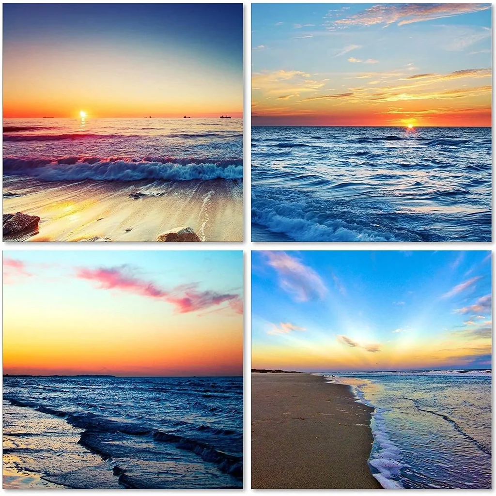 ALAYRA Beach Sunset Wall Art Beach Canvas Sea Sunset Sunset Beach Wall Art Ocean Canvas Prints Wave Canvas Stretched and Framed Pictures Paintings Artwork for Living Room Home Decor, 4 pcs/set 01
