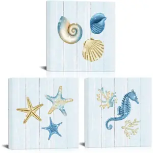 ALAYRA Beach Theme Canvas Wall Art Blue Seashell Starfish Picture Art Decor Ocean Animal Contemporary Seascape Canvas Print Painting for Home Nursery Bathroom Kids Room Decoration 01