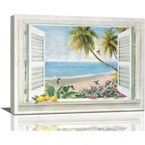ALAYRA Beach Wall Art Beach Coastal Pictures Wall Decor Ocean Scenery Palm Tree Canvas Prints Seaside Plant Flower Painting Modern Artwork Home Decoration for Bathroom Bedroom Living Room 16"x12" 01