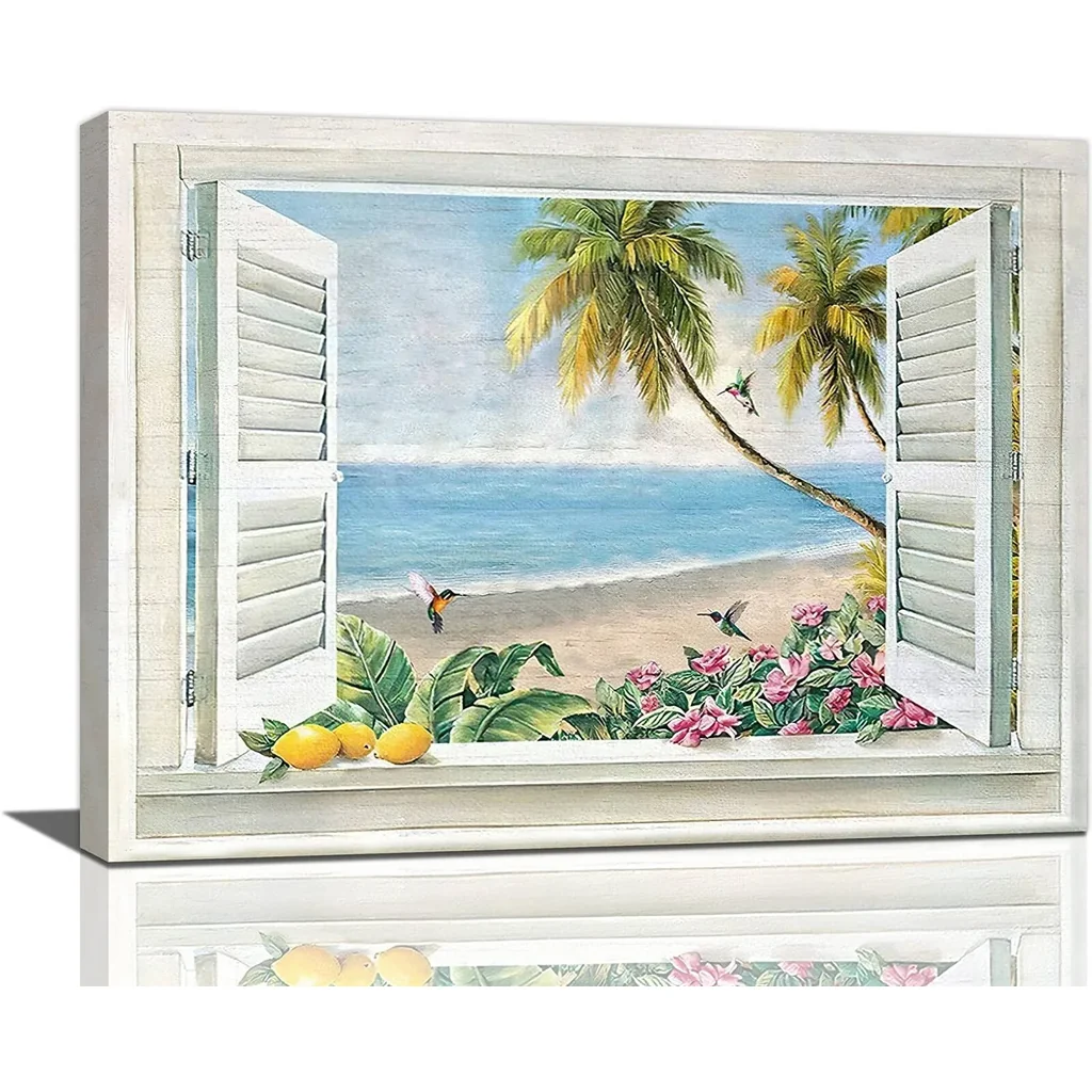 ALAYRA Beach Wall Art Beach Coastal Pictures Wall Decor Ocean Scenery Palm Tree Canvas Prints Seaside Plant Flower Painting Modern Artwork Home Decoration for Bathroom Bedroom Living Room 16"x12" 01
