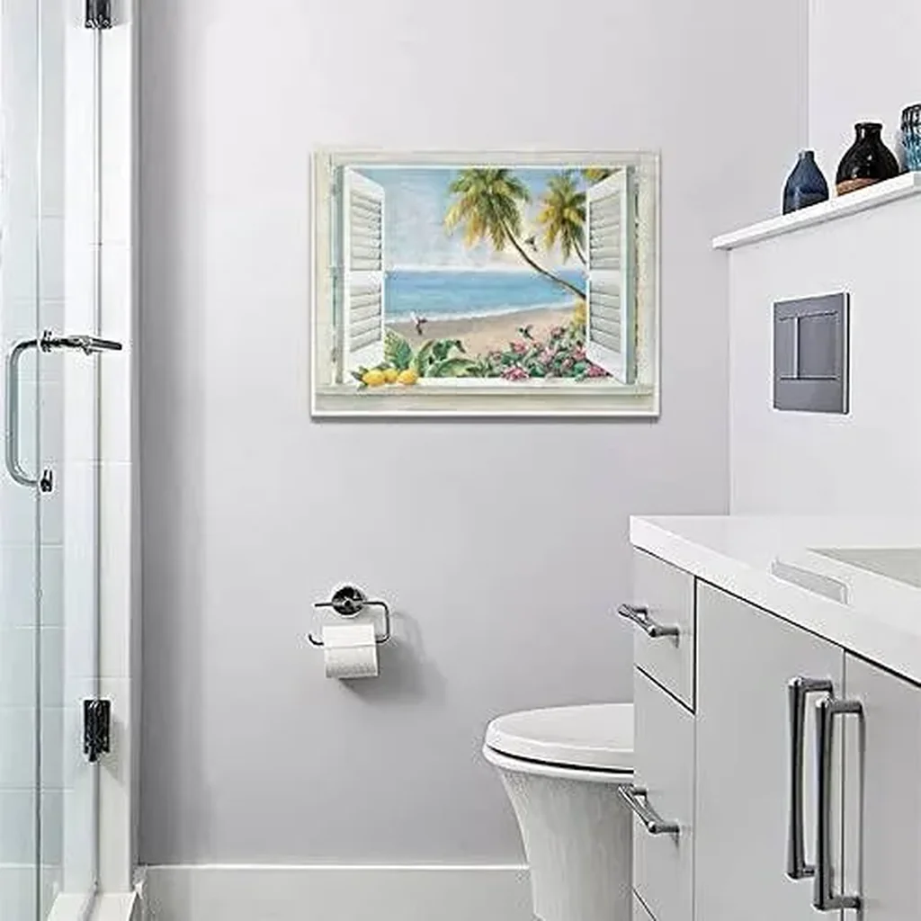 ALAYRA Beach Wall Art Beach Coastal Pictures Wall Decor Ocean Scenery Palm Tree Canvas Prints Seaside Plant Flower Painting Modern Artwork Home Decoration for Bathroom Bedroom Living Room 16"x12" 01 - Image 2