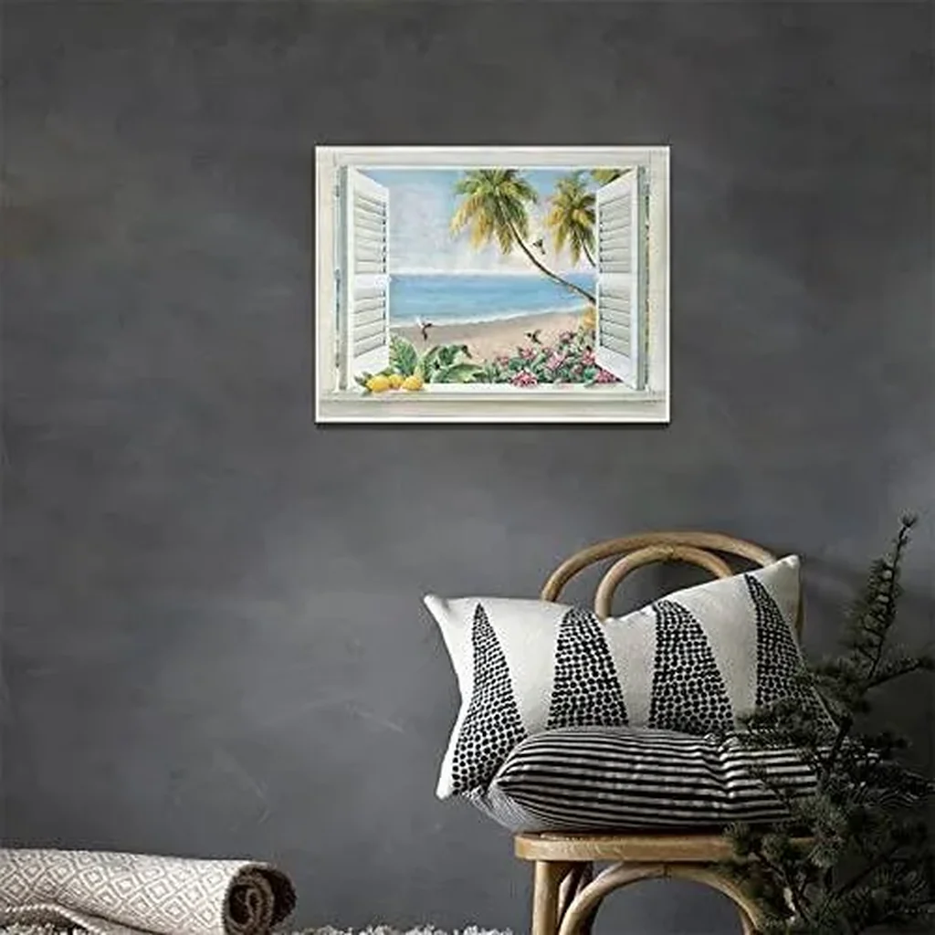 ALAYRA Beach Wall Art Beach Coastal Pictures Wall Decor Ocean Scenery Palm Tree Canvas Prints Seaside Plant Flower Painting Modern Artwork Home Decoration for Bathroom Bedroom Living Room 16"x12" 01 - Image 3