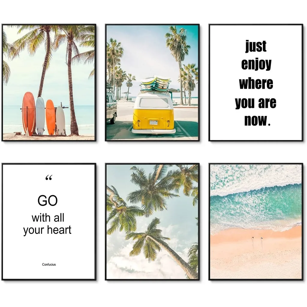ALAYRA Beach Wall Art Prints Set of 6 Summer Seascape Palm Poster Wall Decor Nature Landscape Coastal Surf Art Prints Pictures Photography Photos Print on Canvas Wall Decor (8"x10" UNFRAMED) 01