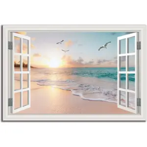 ALAYRA Beach Wall Picture for Living Room - Window Frame Style Canvas Wall Decor Ocean Sunset - Blue Sea and White Sand Painting on Canvas for Bedroom Office Home Decoration 01