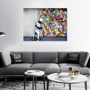 ALAYRA Behind The Curtain Wall Art Wynwood Walls Banksy Graffiti Canvas Picture Art Painting for Bedroom Office Framed Ready to Hang 01