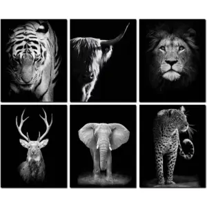 ALAYRA Black and White Animals Wall Art Prints Set of 6 Animal Pictures Cow Print Decor Elephant Wall Decor Canvas Animal Wall Art Posters Set for Home Decor (11"x14" UNFRAMED) 01