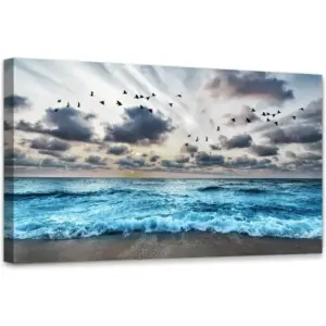 ALAYRA Black And White Beach Wall Painting - Canvas Wall Art For Living Room, Bedroom, Office - Blue Sea Wave Pictures - Modern Hotel Room Home Decor - 20x40 In 01