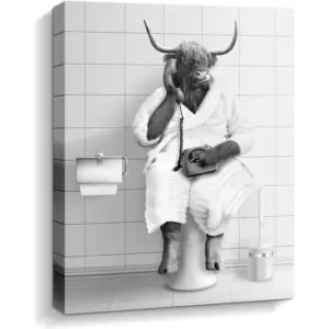 ALAYRA Black and White Funny Highland Cow Canvas Wall Art for Bathroom Humor Modern Rustic Farmhouse Guest Bathroom Decor Gifts for Friends (black and white cow B, 12" x 16") 01