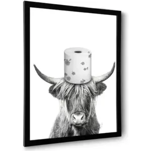 ALAYRA Black and White Highland Cow Wall Art, Framed Funny Bathroom Wall Decor, Cute Highland Cow Canvas Print, Funny Kid's Room Decor Wall Art (Framed, 16''x20'') 01
