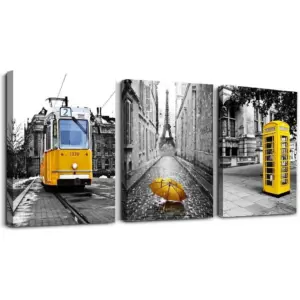 ALAYRA Black and white landscape Eiffel Tower wall decorations for living room 3 piece canvas art bedroom modern kitchen Bathroom decor office home yellow theme pictures prints 01