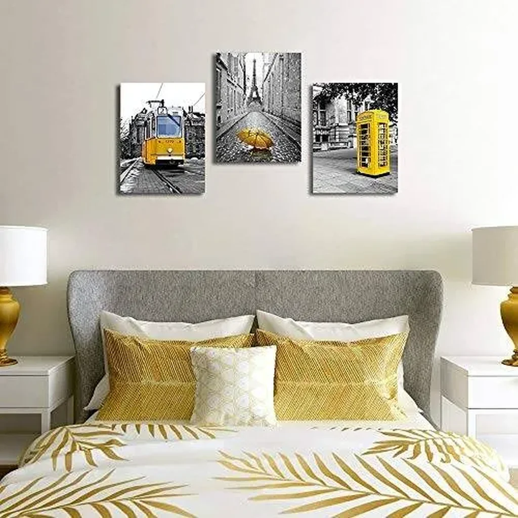 ALAYRA Black and white landscape Eiffel Tower wall decorations for living room 3 piece canvas art bedroom modern kitchen Bathroom decor office home yellow theme pictures prints 01 - Image 2
