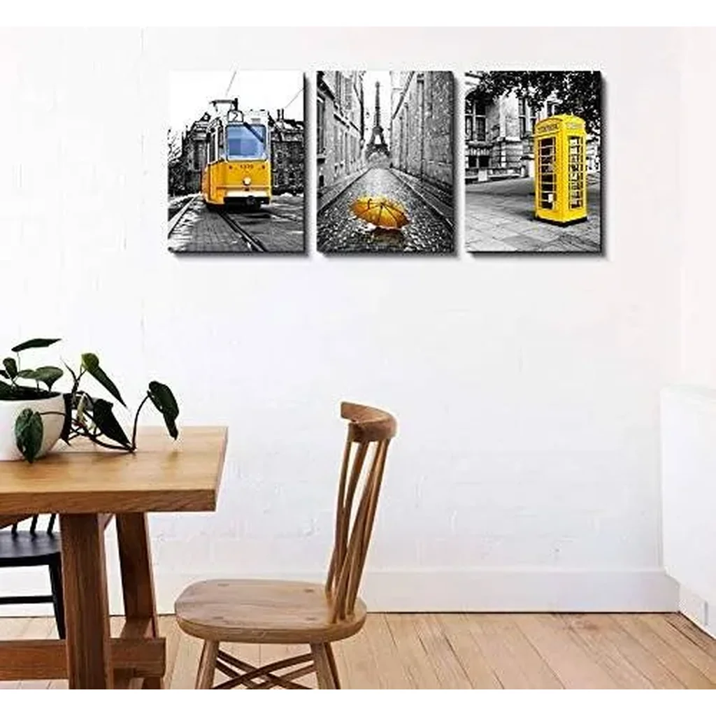 ALAYRA Black and white landscape Eiffel Tower wall decorations for living room 3 piece canvas art bedroom modern kitchen Bathroom decor office home yellow theme pictures prints 01 - Image 3