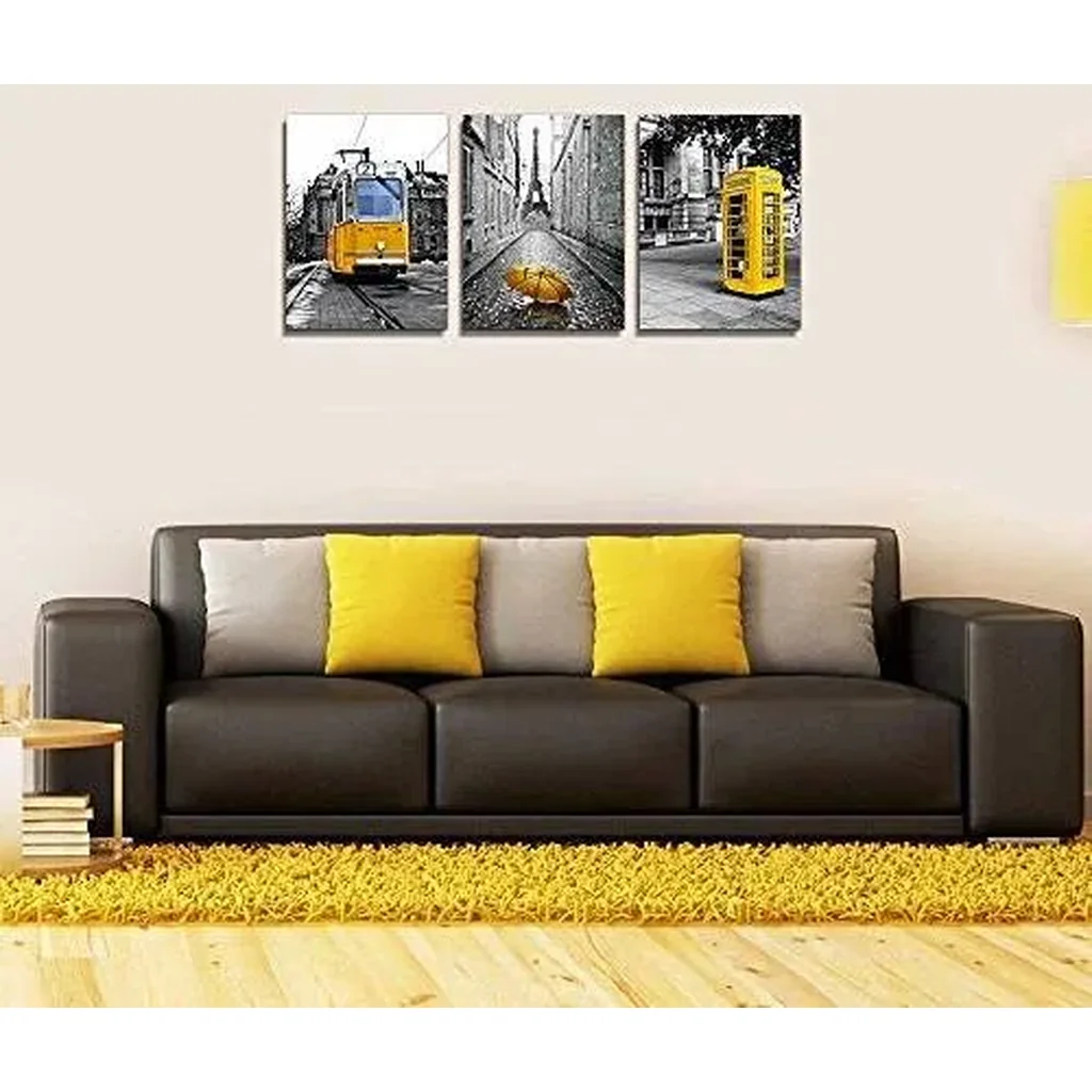 ALAYRA Black and white landscape Eiffel Tower wall decorations for living room 3 piece canvas art bedroom modern kitchen Bathroom decor office home yellow theme pictures prints 01 - Image 4