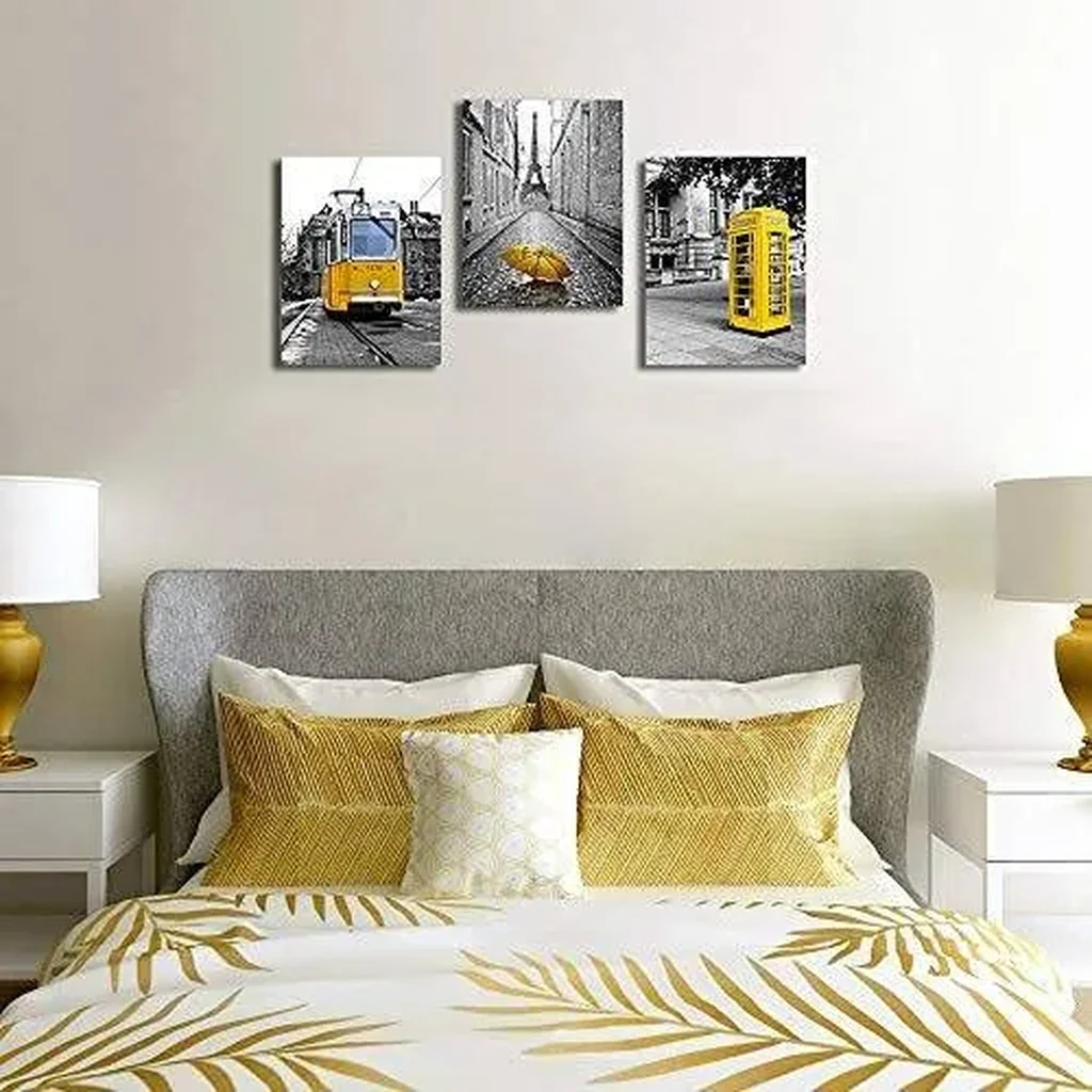ALAYRA Black and white landscape Eiffel Tower wall decorations for living room 3 piece canvas art bedroom modern kitchen Bathroom decor office home yellow theme pictures prints 01 - Image 5