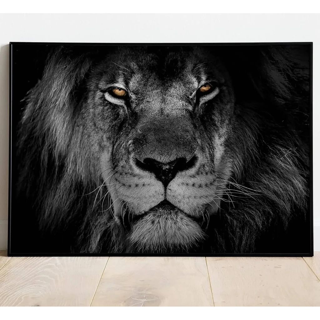 ALAYRA Black and White Lion Canvas Wall Art Animal Portrait Painting, Wild Lion Head Poster For Bedroom, Living Room, Dressing Room & Office Decor 12x16 inch (Unframed) 01
