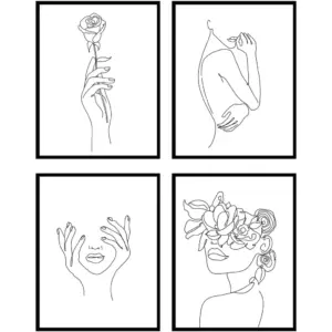 ALAYRA Black And White Minimalist Wall Art Line Drawing Wall Art Abstract Woman Wall Art, Line Art Wall Decor Black And White Abstract Wall Art, Feminine Wall Art - Set of 4 (8x10) Unframed 01