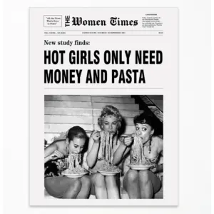 ALAYRA Black And White Newspaper Wall Art Vintage Room Decor Aesthetic Poster Funky Hot Girl Eating Pasta Canvas Prints for Italian Kitchen Girly Bedroom 12x16 Inch Unframed 01