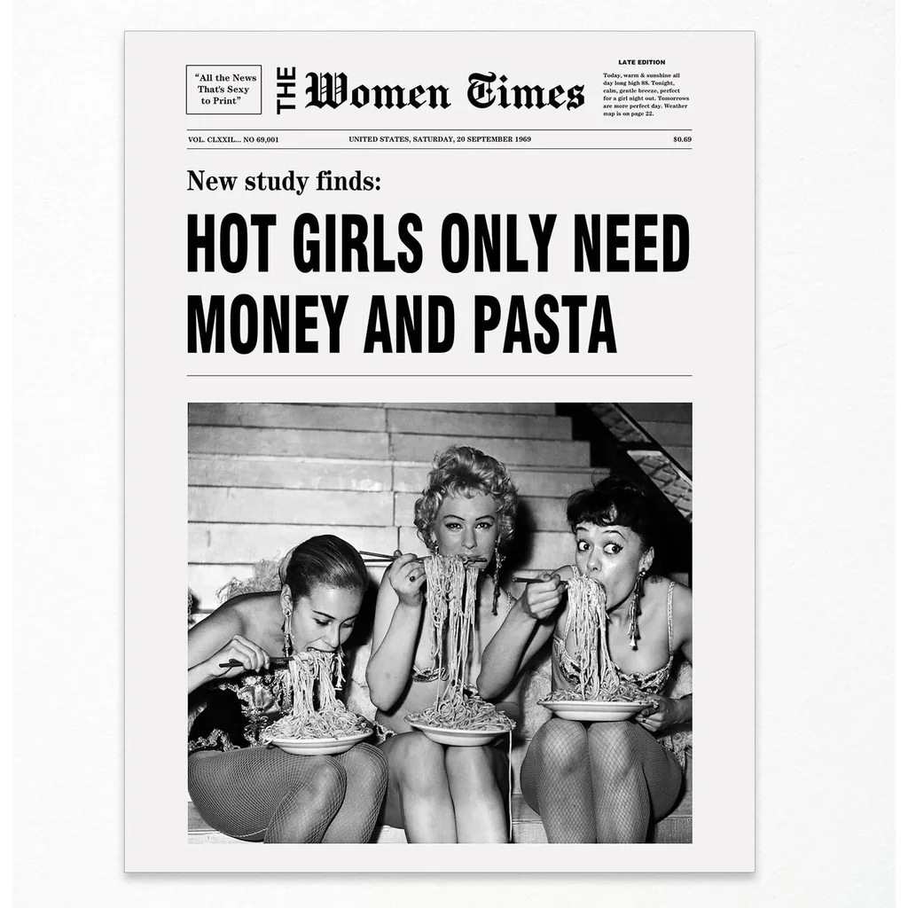 ALAYRA Black And White Newspaper Wall Art Vintage Room Decor Aesthetic Poster Funky Hot Girl Eating Pasta Canvas Prints for Italian Kitchen Girly Bedroom 12x16 Inch Unframed 01