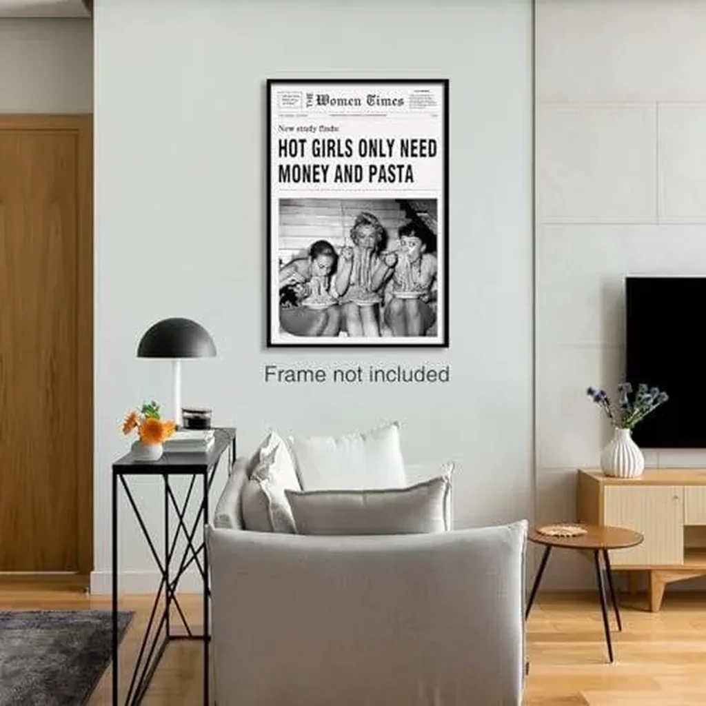 ALAYRA Black And White Newspaper Wall Art Vintage Room Decor Aesthetic Poster Funky Hot Girl Eating Pasta Canvas Prints for Italian Kitchen Girly Bedroom 12x16 Inch Unframed 01 - Image 4