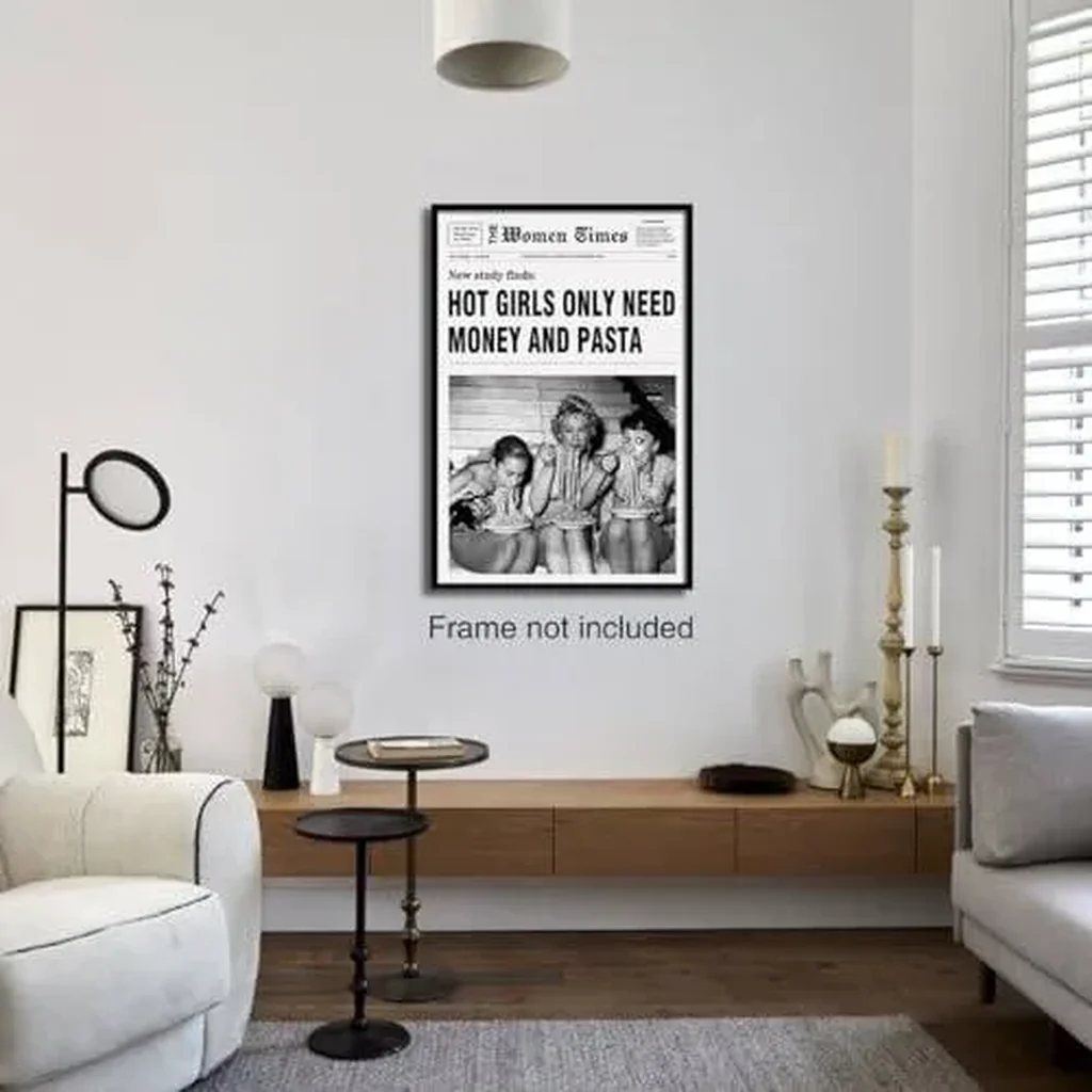 ALAYRA Black And White Newspaper Wall Art Vintage Room Decor Aesthetic Poster Funky Hot Girl Eating Pasta Canvas Prints for Italian Kitchen Girly Bedroom 12x16 Inch Unframed 01 - Image 5