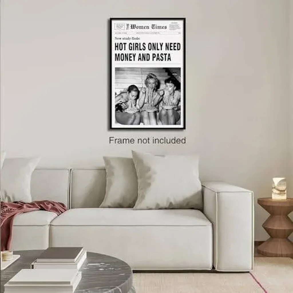 ALAYRA Black And White Newspaper Wall Art Vintage Room Decor Aesthetic Poster Funky Hot Girl Eating Pasta Canvas Prints for Italian Kitchen Girly Bedroom 12x16 Inch Unframed 01 - Image 6