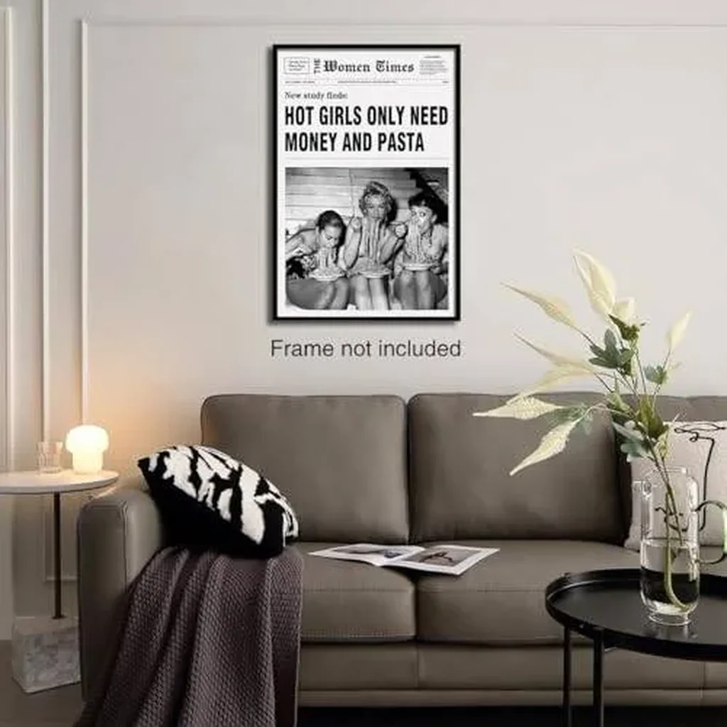 ALAYRA Black And White Newspaper Wall Art Vintage Room Decor Aesthetic Poster Funky Hot Girl Eating Pasta Canvas Prints for Italian Kitchen Girly Bedroom 12x16 Inch Unframed 01 - Image 7