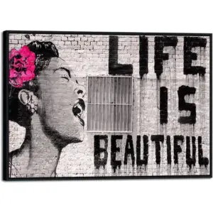 ALAYRA Black Framed Large Banksy Life is Beautiful Artwork Modern Grey Love Pictures Paintings Canvas Prints Wall Art for Bedroom Living Room Home Office Decorationss AH10785-6090-BF 01