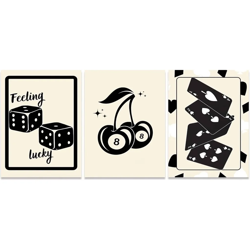 ALAYRA Black Poker Cards Dice 8 Ball Cherries Posters for Casino Game Table Room Aesthetic 3 Pieces Canvas Wall Art Funny Retro Trendy Casino Gaming Room Decor for Man Gift (3p 12X18inch Unframed) 01