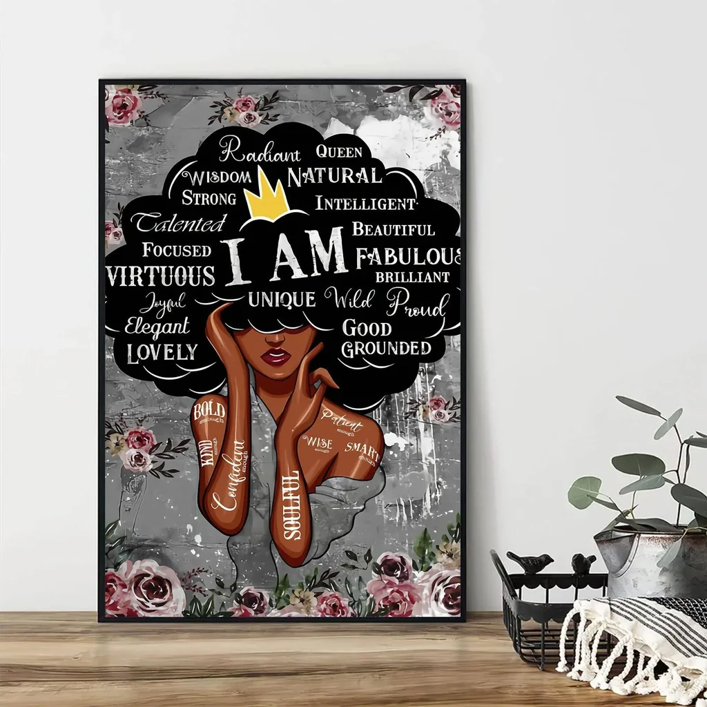 ALAYRA Black Queen Wall Art African American Flower Girl Wall Art Abstract Nordic Posters Black Women Canvas Prints for Living Room Bedroom Home Decor (16X24 Inch) Unframed 01
