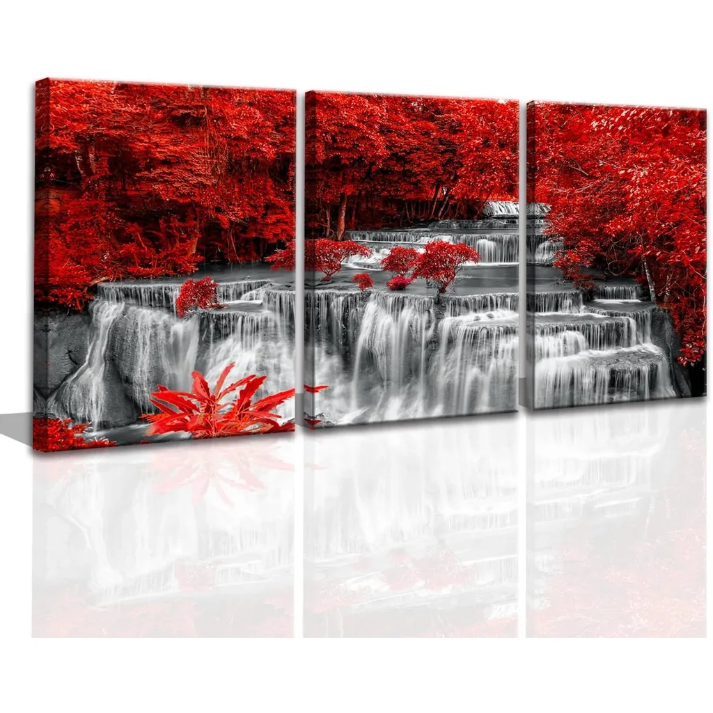 ALAYRA Black White and Red Waterfall Canvas Wall Art Forest Paintings Waterfall Artwork for Wall Print Landscape Wall Picture for Living Room Wall Decor Large Framed Wall Art -24x48inches 01