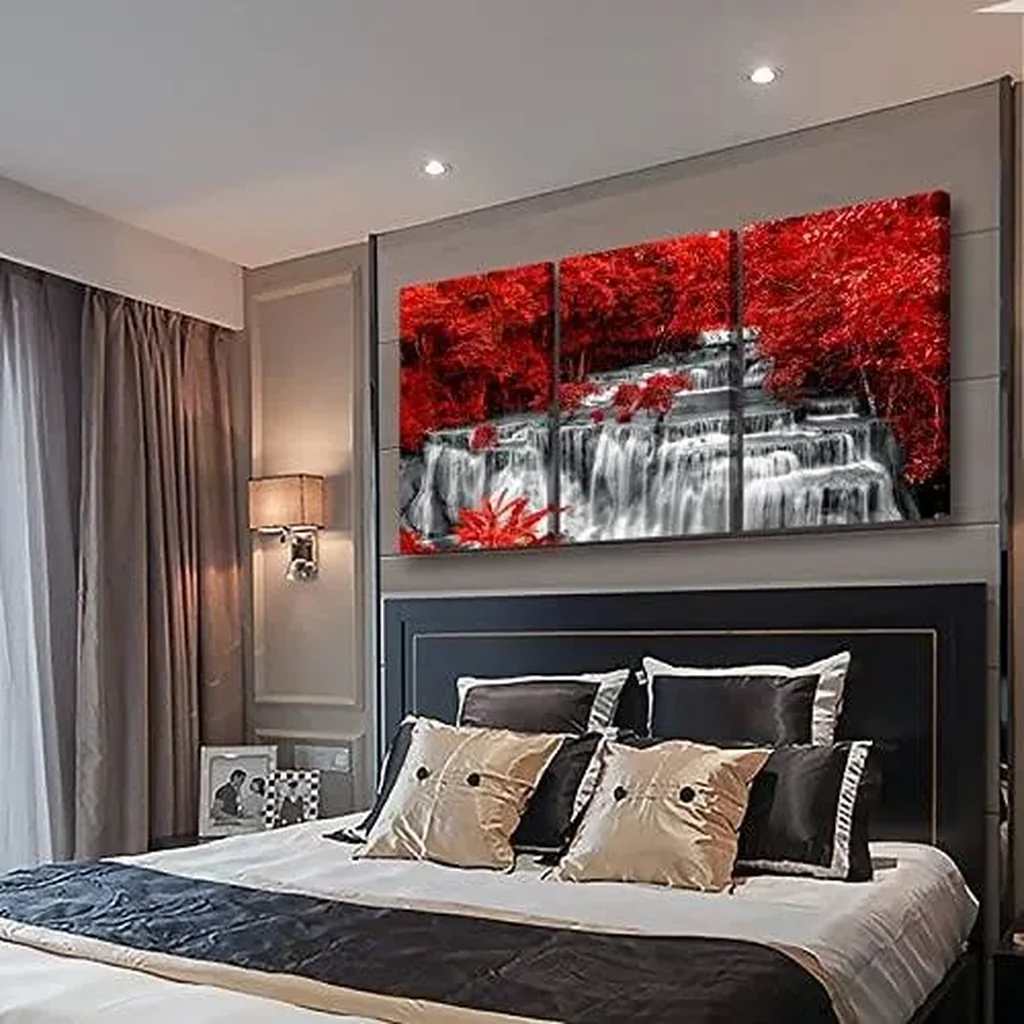 ALAYRA Black White and Red Waterfall Canvas Wall Art Forest Paintings Waterfall Artwork for Wall Print Landscape Wall Picture for Living Room Wall Decor Large Framed Wall Art -24x48inches 01 - Image 2