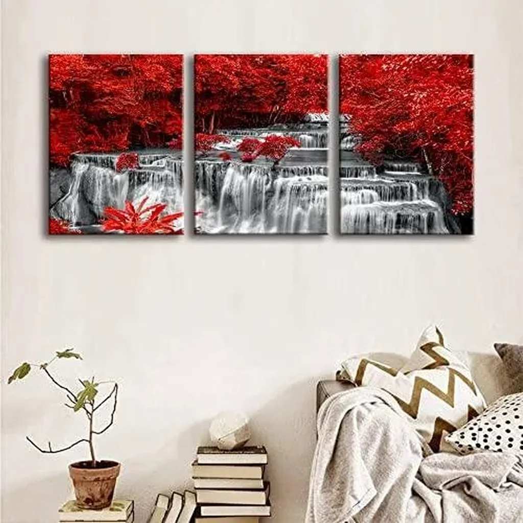 ALAYRA Black White and Red Waterfall Canvas Wall Art Forest Paintings Waterfall Artwork for Wall Print Landscape Wall Picture for Living Room Wall Decor Large Framed Wall Art -24x48inches 01 - Image 3