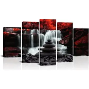 ALAYRA Black White and Red Waterfall Wall Art Zen Stones Landscape Artwork Red Trees Forest Canvas Falls Picture Prints Autumn Wall Decor for Living Room Framed (60''x32'') 01