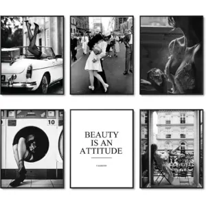 ALAYRA Black White Wall Art Print Set of 6 Fashion Wall Decor Perfume Beauty Girl Pictures Square Kiss Art Poster Set for Living Room Vintage Home Decor (11"x14" UNFRAMED) 01